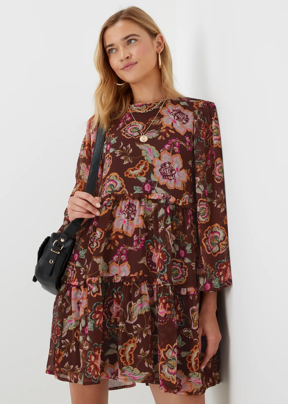 Papaya Petite Brown Floral Chiffon Mini Dress - Size 6 Image 4