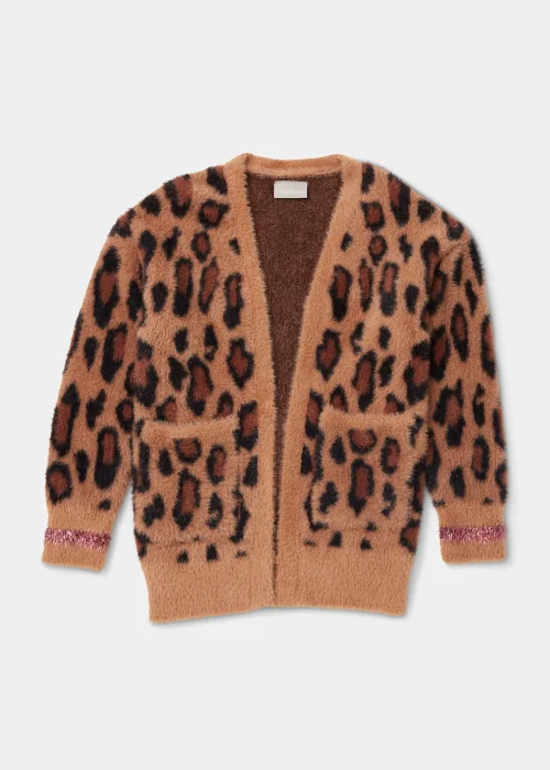 Girls Brown Leopard Print Fluffy Cardigan (4-13yrs) - 4 Yrs Image 1