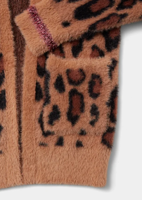 Girls Brown Leopard Print Fluffy Cardigan (4-13yrs) - 4 Yrs Image 2