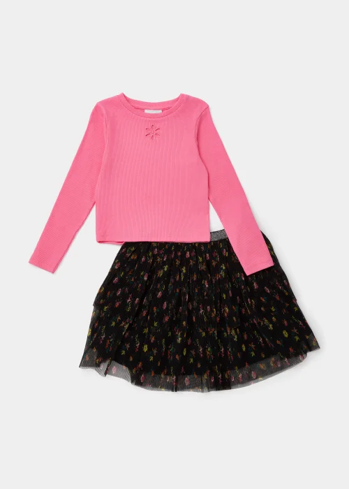 Girls Pink Top & Black Floral Ruffle Skirt Set (4-13yrs) - Age 4 Years Image 1