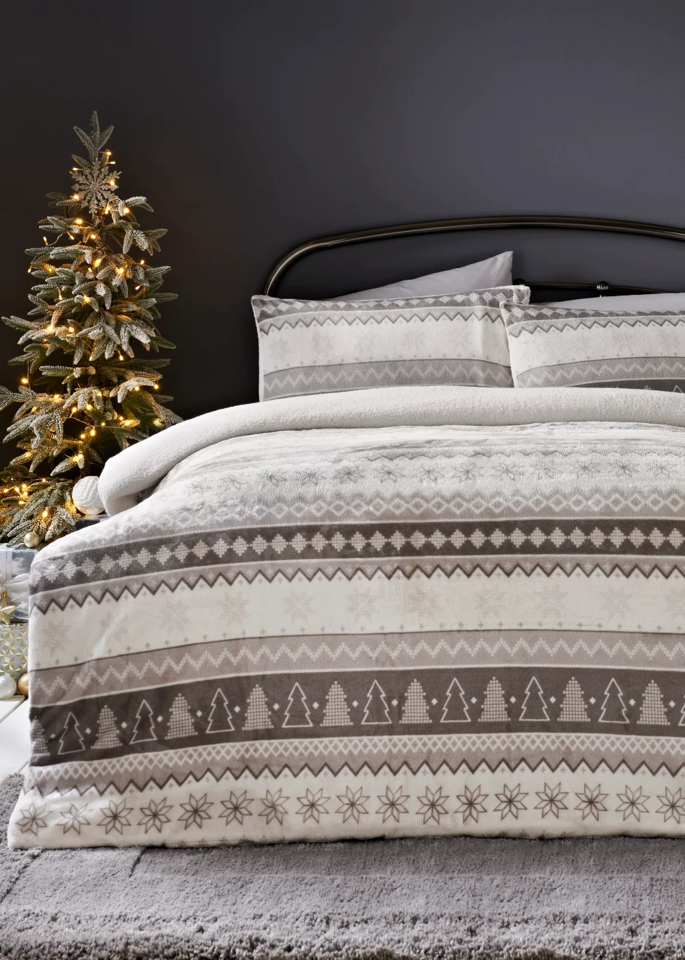 Grey Fair Isle Print Fleece Duvet Cover - Single Image 1