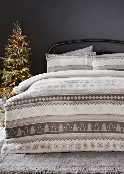 Grey Fair Isle Print Fleece Duvet Cover - Single Image 1