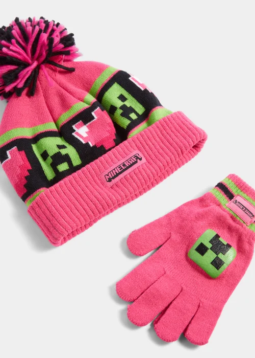 Kids Pink Minecraft Heart Bobble Hat & Gloves Set (3-10yrs) - Age 3 - 6 Years Image 2