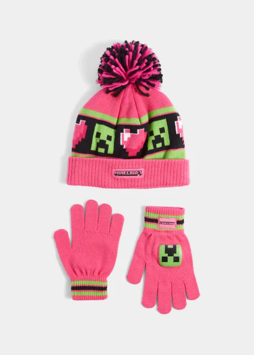 Kids Pink Minecraft Heart Bobble Hat & Gloves Set (3-10yrs) - Age 3 - 6 Years Image 1