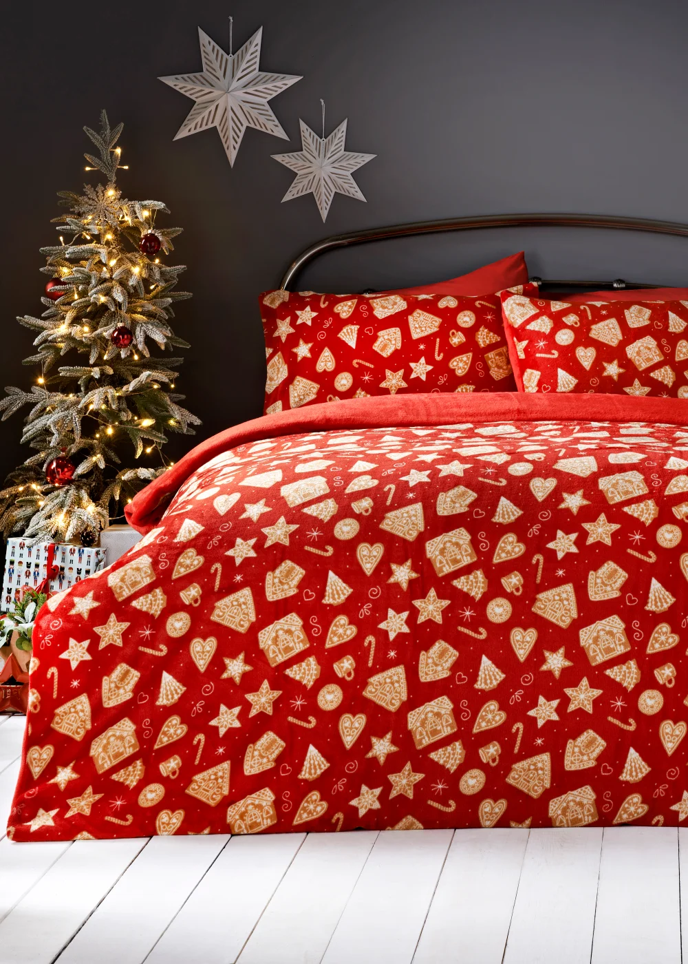 Red Gingerbread House Fleece Duvet Cover - Single Image 1