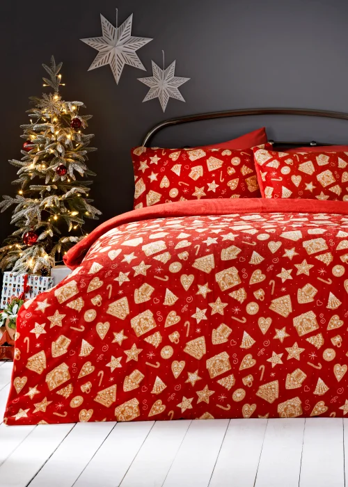 Red Gingerbread House Fleece Duvet Cover - Single Image 1