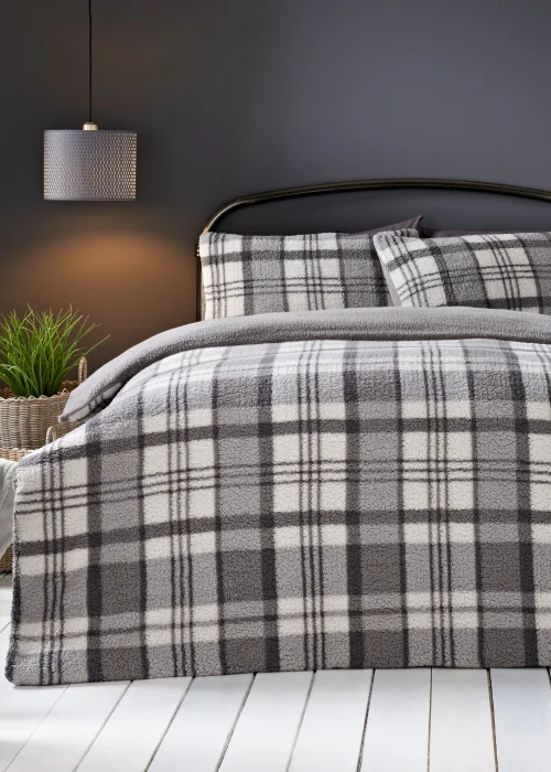 Grey Check Teddy Fleece Reversible Duvet Cover - Single Image 1
