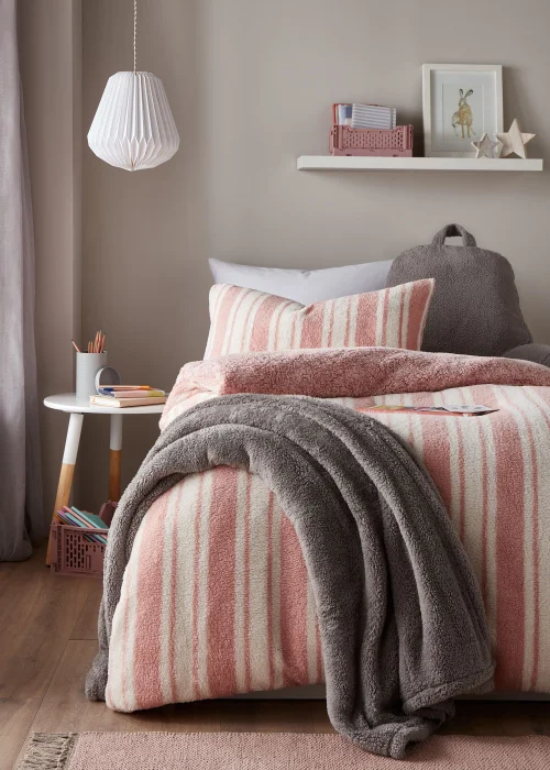 Pink Stripe Teddy Fleece Duvet Cover - Single Image 3