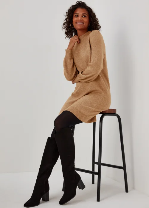 JDY Rue Camel Long Sleeve High Neck Dress - 8 Image 4