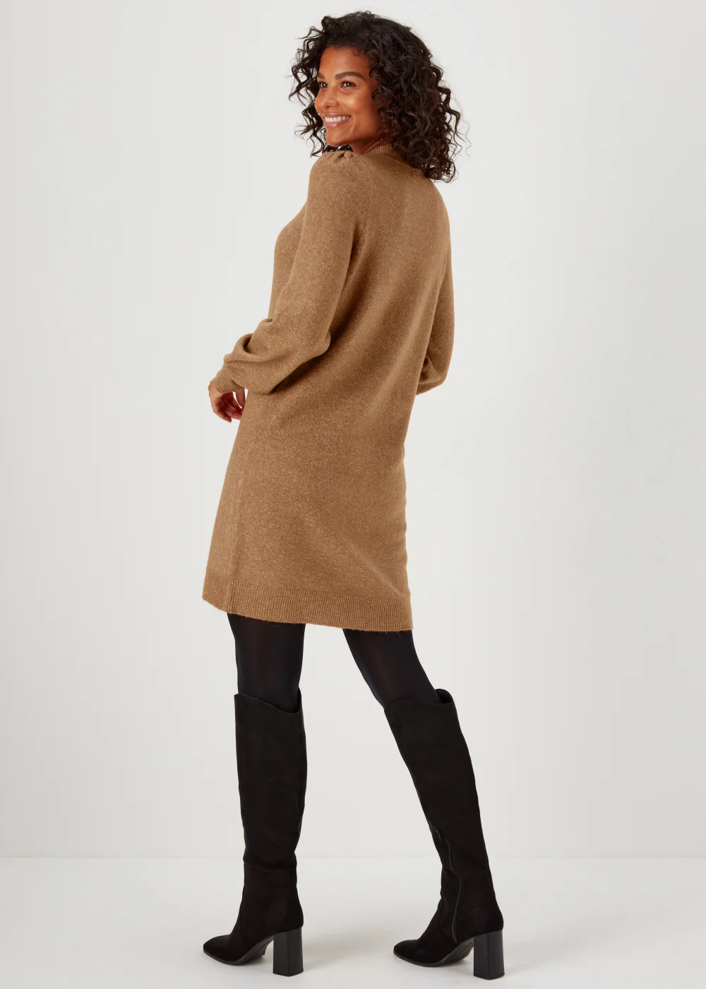 JDY Rue Camel Long Sleeve High Neck Dress - 8 Image 2