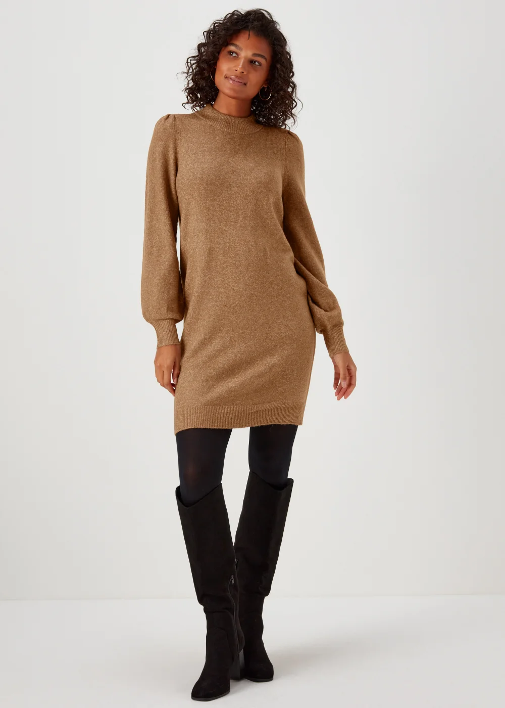 JDY Rue Camel Long Sleeve High Neck Dress - 8 Image 1