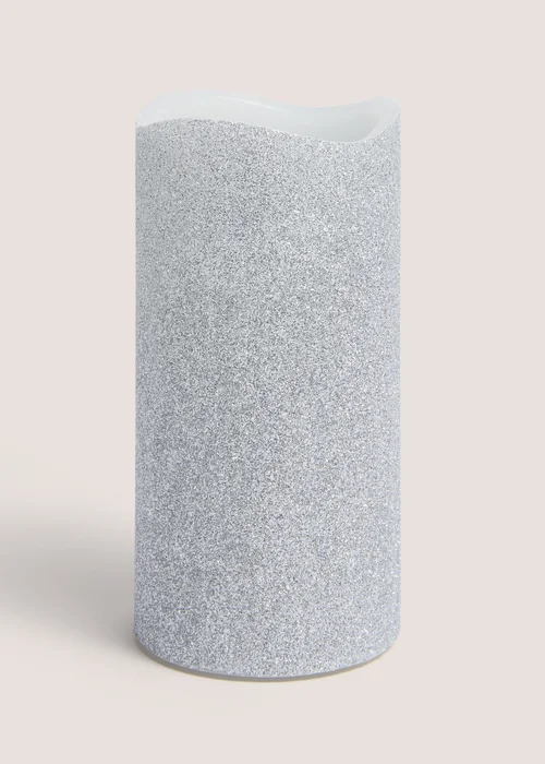 Small Silver Glitter LED Candle (15cm x 7.5cm) Image 1
