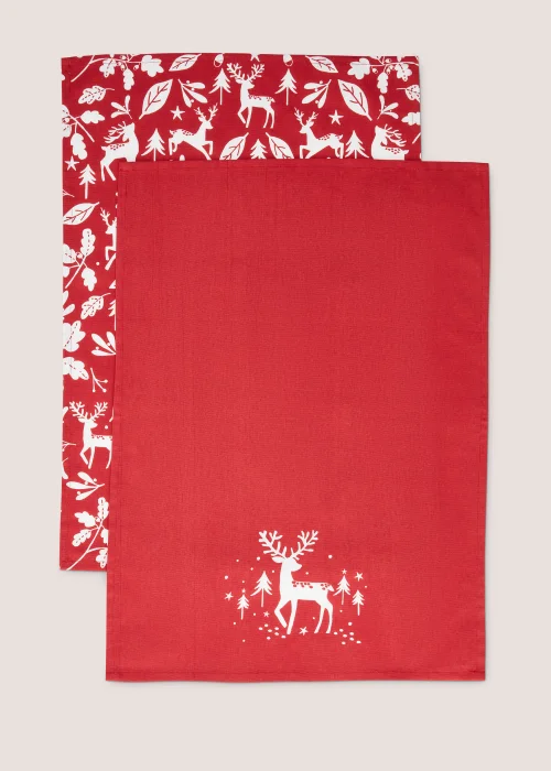 2 Pack Red Christmas Stag Tea Towels (65.5cm x 45cm) Image 1