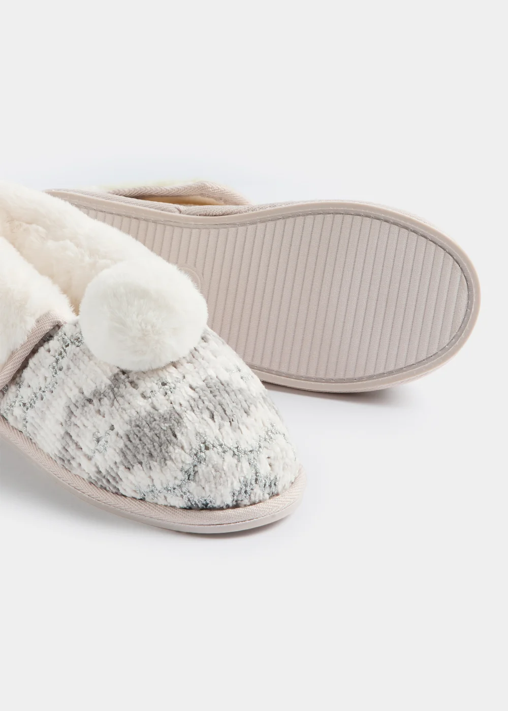 Grey Pom Pom Slippers - Small Image 2