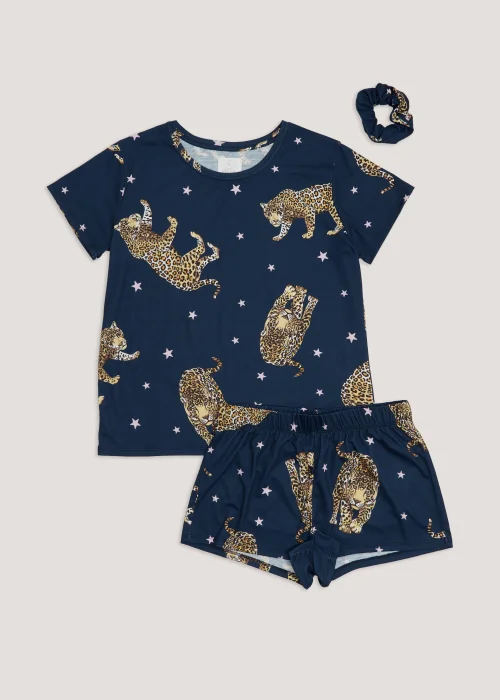Navy Leopard Print Short Pyjama & Scrunchie Set - Extra small Image 4