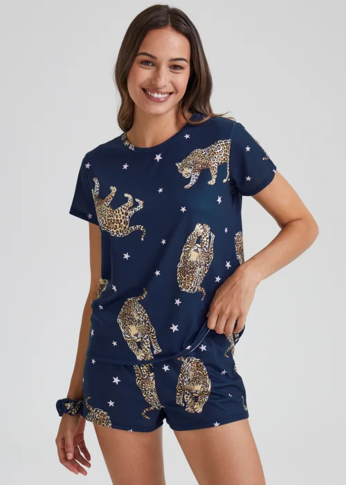 Navy Leopard Print Short Pyjama & Scrunchie Set - Extra small Image 1