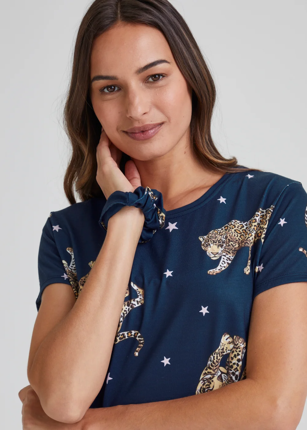 Navy Leopard Print Short Pyjama & Scrunchie Set - Extra small Image 3