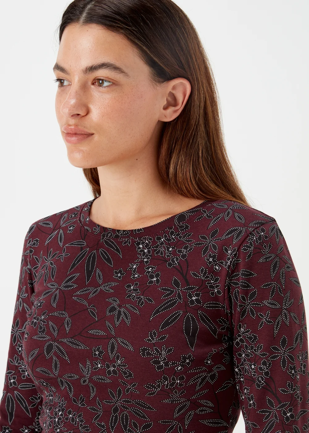 Burgundy Floral Print Long Sleeve T-Shirt - 8 Image 3