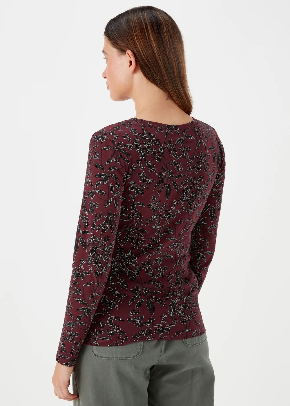 Burgundy Floral Print Long Sleeve T-Shirt - 8 Image 2