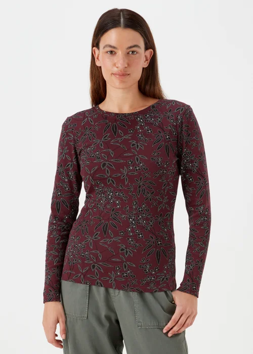 Burgundy Floral Print Long Sleeve T-Shirt - 8 Image 1