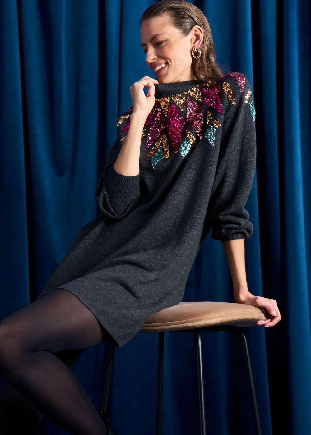 Charcoal Sequin Yoke Tunic Dress - XS Image 6