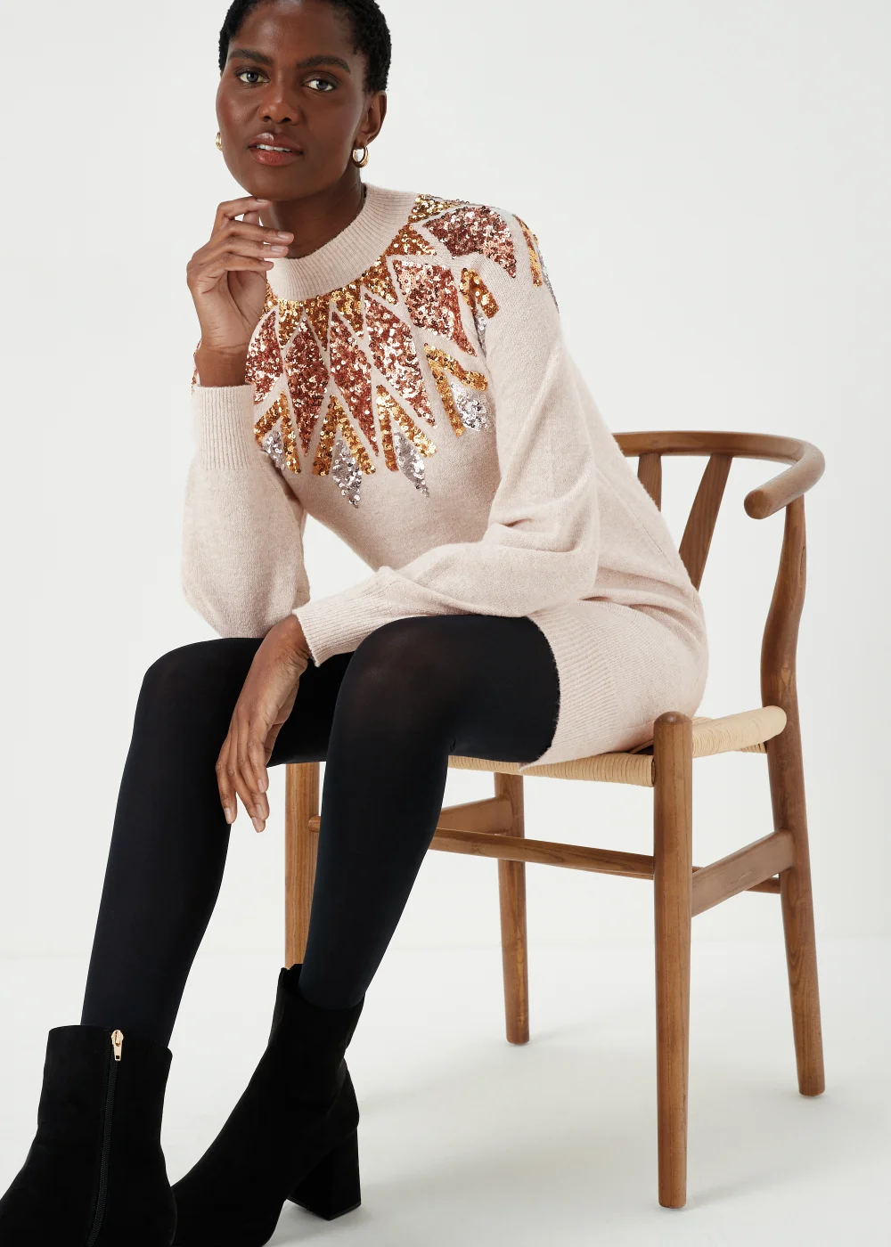 Oatmeal Sequin Yoke Tunic Dress - XS Image 4