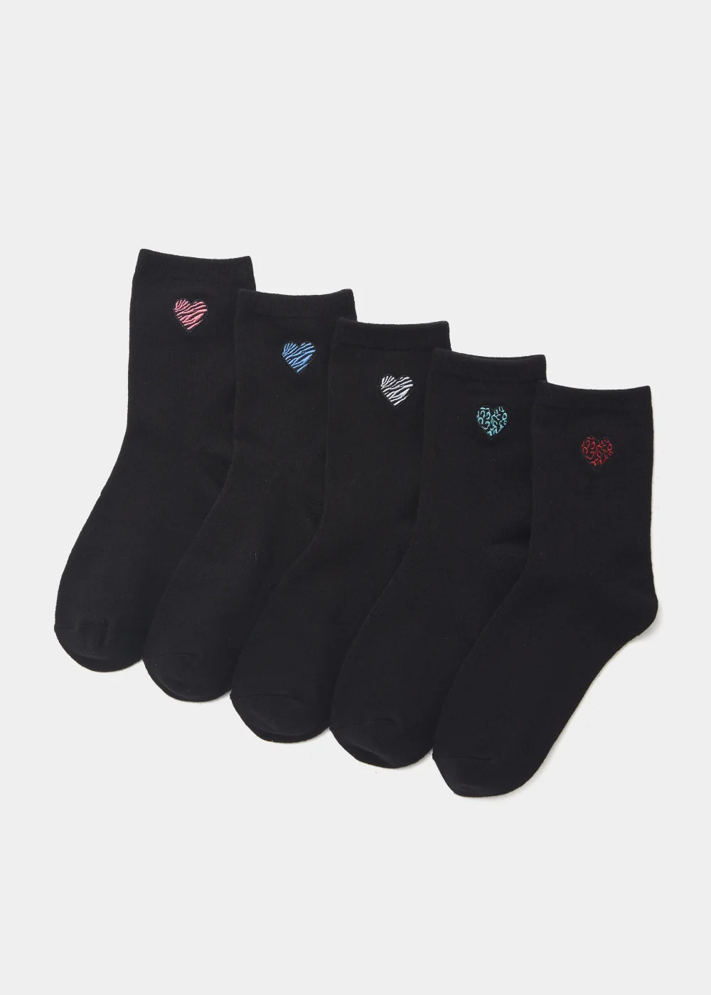 5 Pack Black Embroidered Heart Socks - One Size Image 1