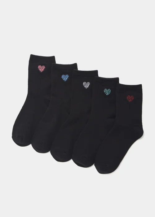 5 Pack Black Embroidered Heart Socks - One Size Image 1