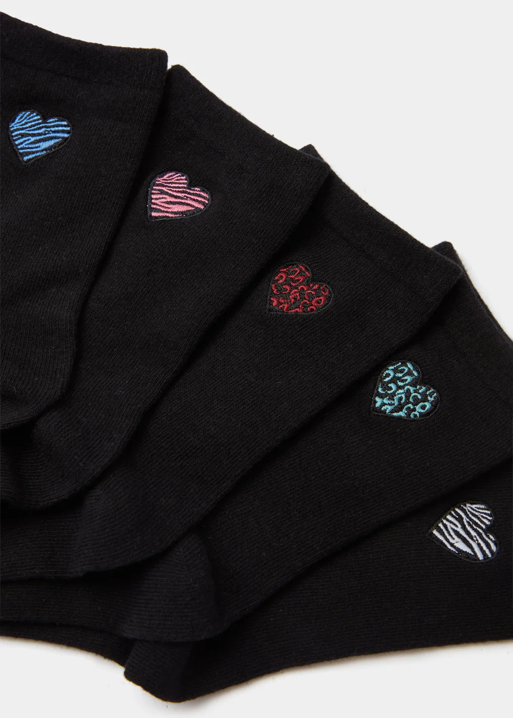 5 Pack Black Embroidered Heart Socks - One Size Image 2