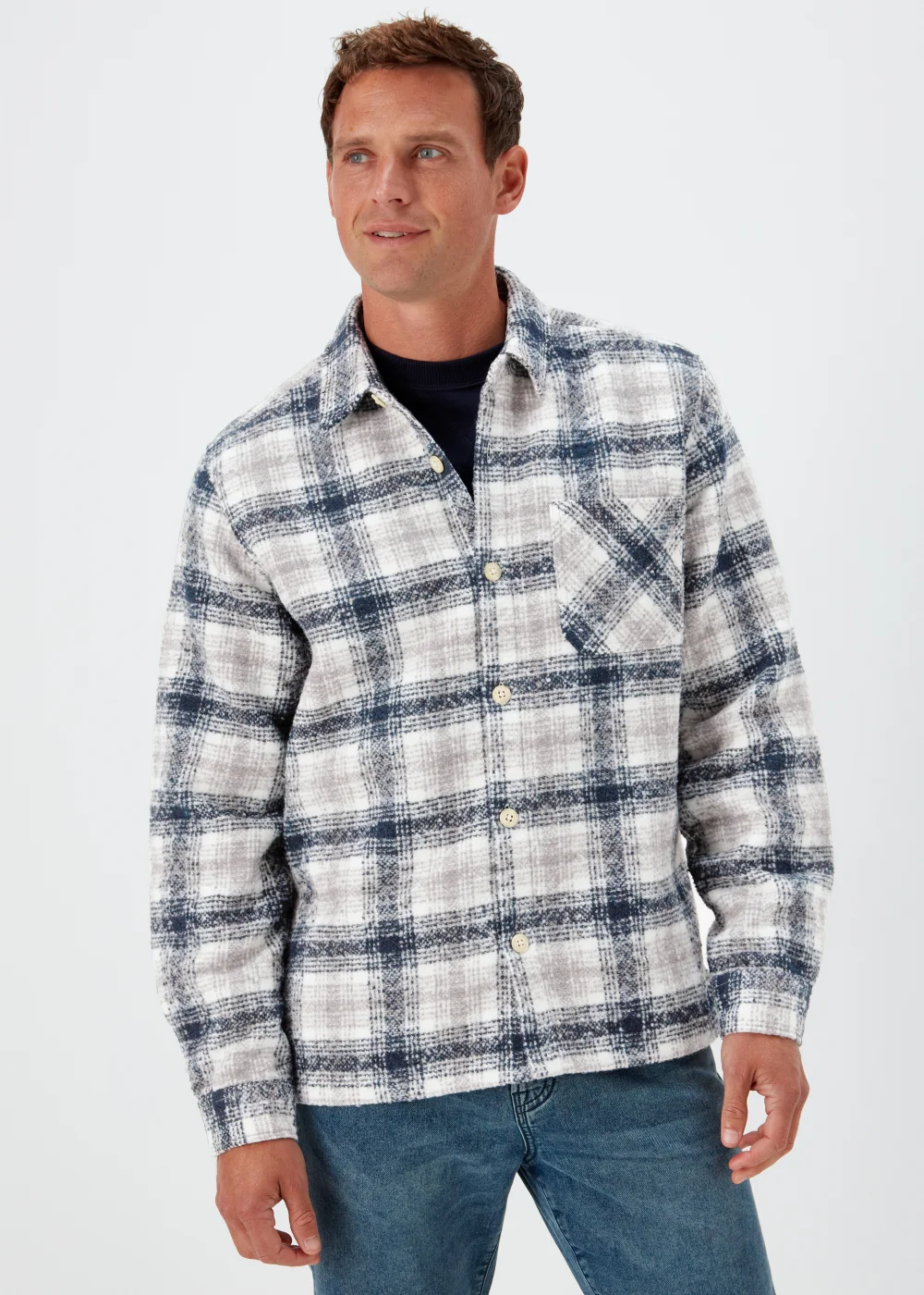 Navy Check Print Lines Smart Overshirt - S Image 1