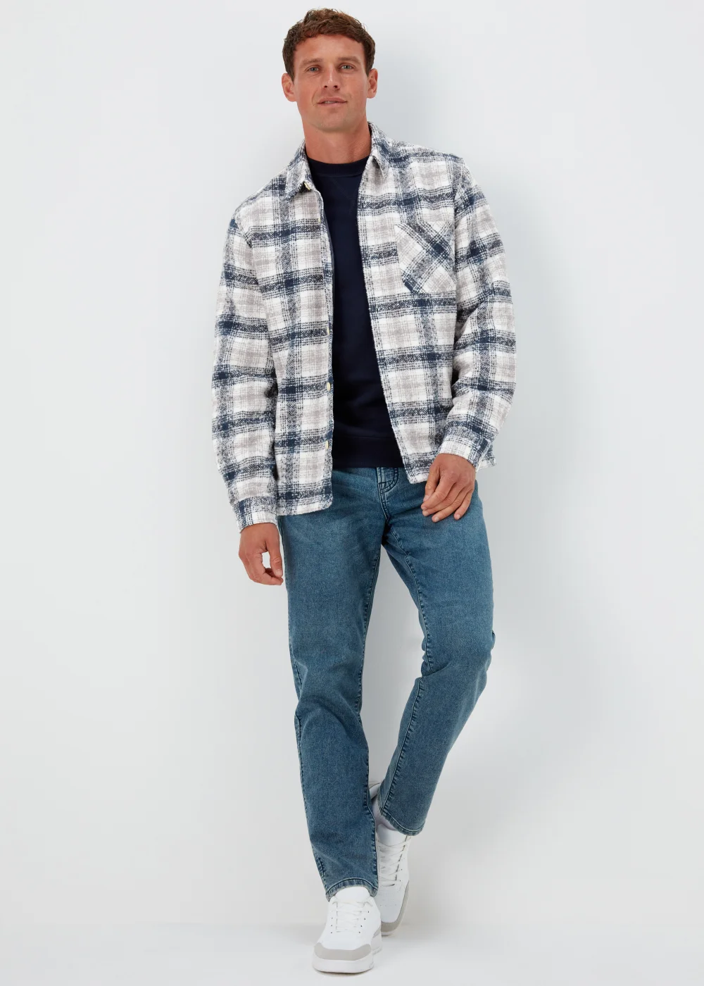 Navy Check Print Lines Smart Overshirt - S Image 4