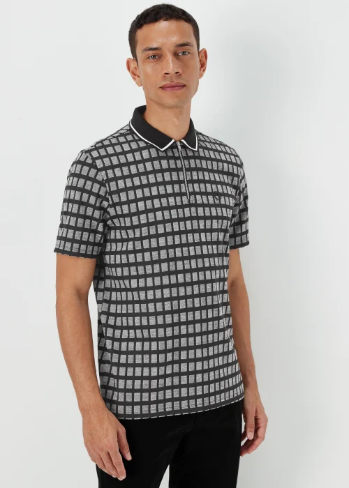 Black Jacquard Square Print Zip Up Polo Shirt - S Image 1