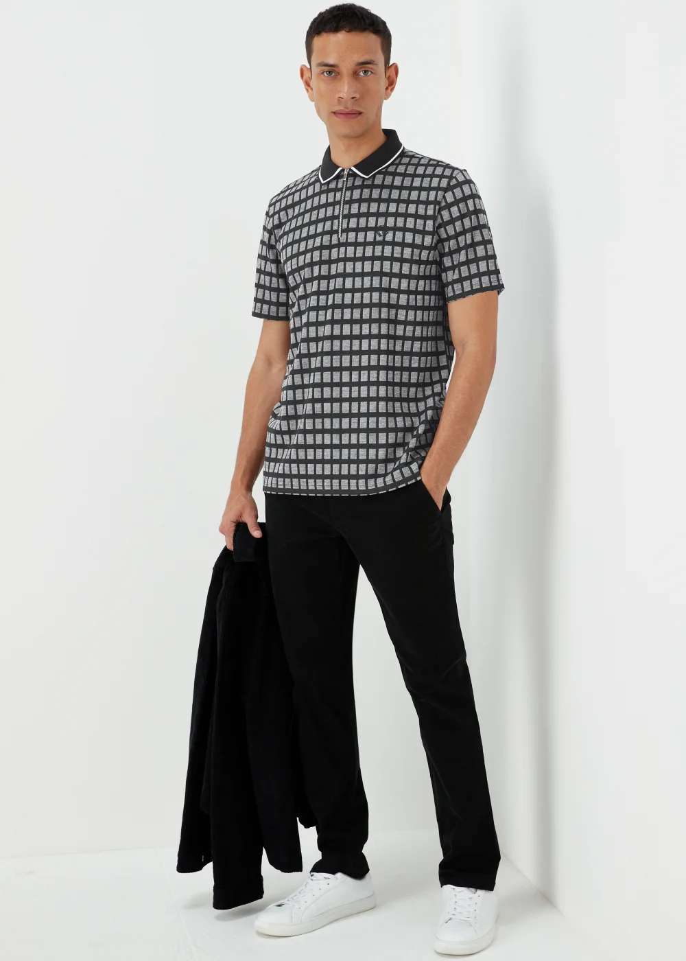 Black Jacquard Square Print Zip Up Polo Shirt - S Image 3