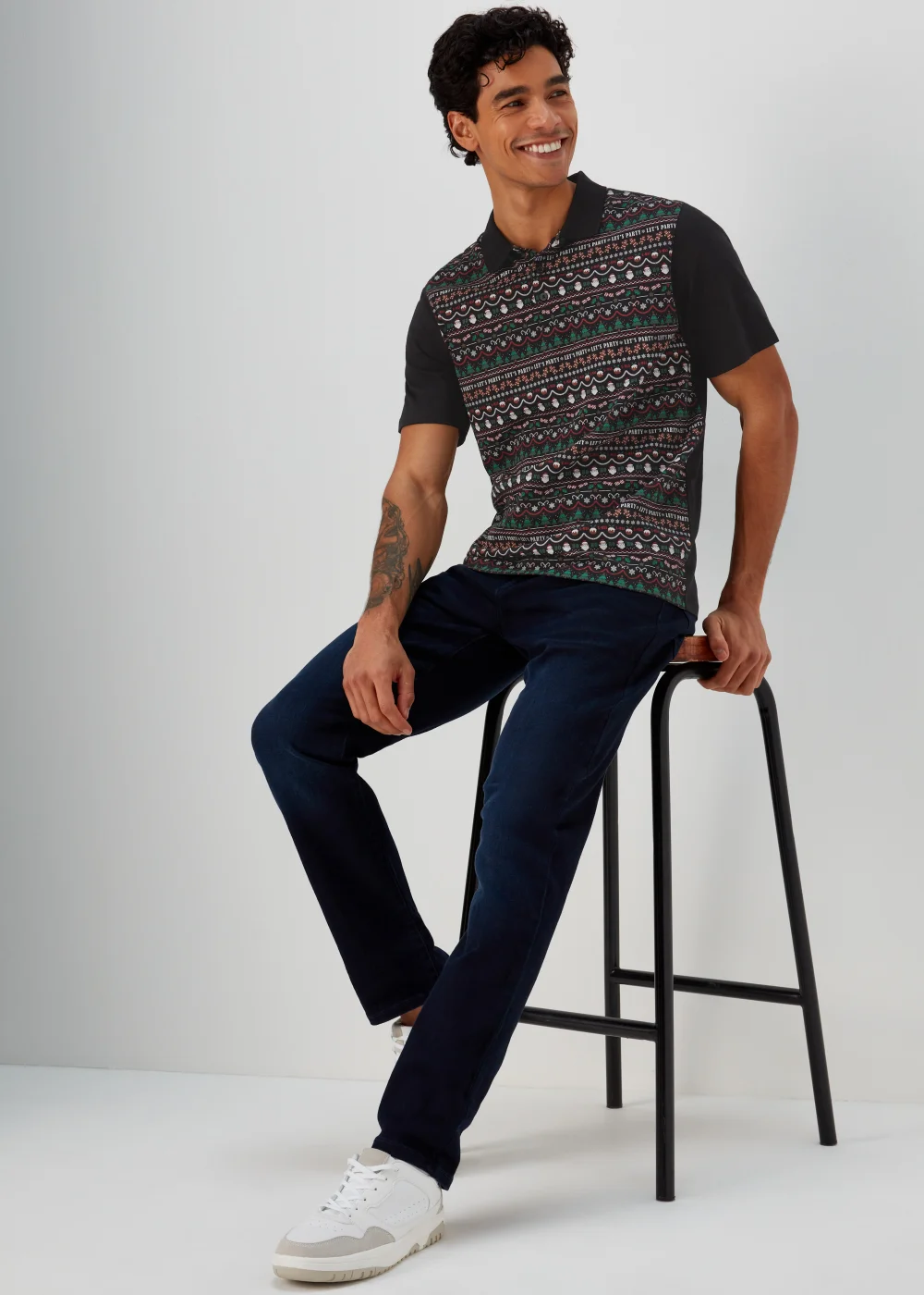 Black Christmas Wrapping Paper Print Polo Shirt - S Image 4