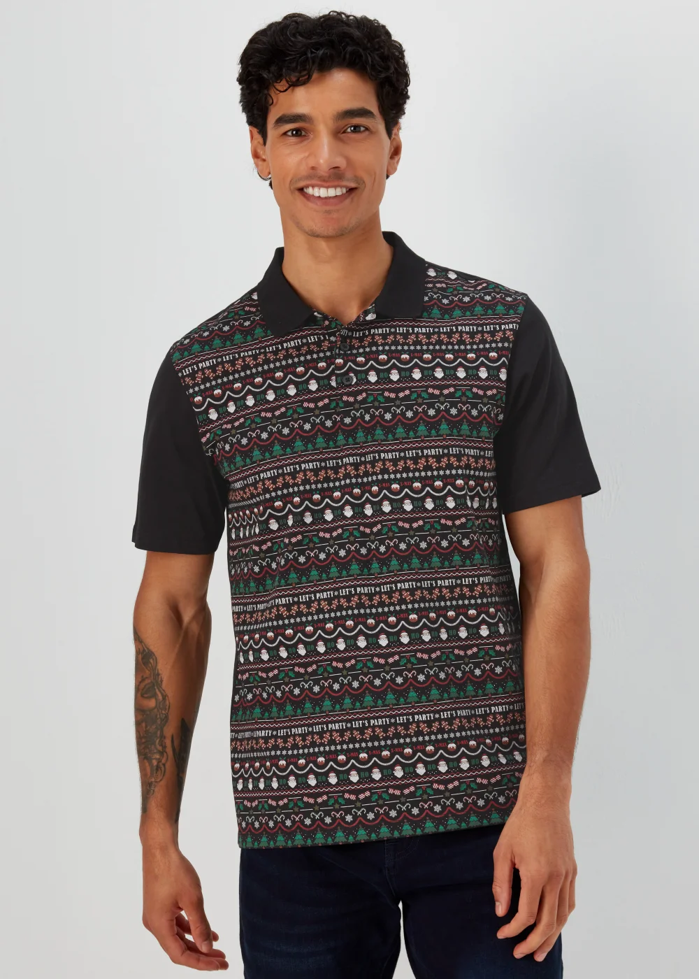 Black Christmas Wrapping Paper Print Polo Shirt - S Image 1