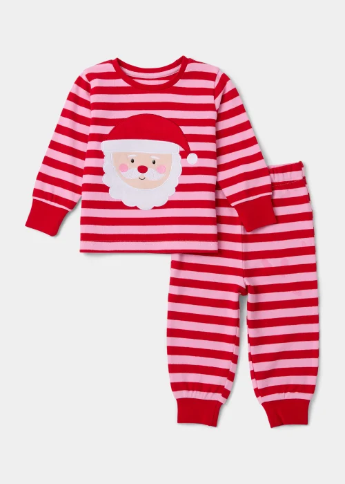 Girls Pink Stripe Father Christmas Pyjama Set (9mths-5yrs) - Age 9 - 12 Months Image 1