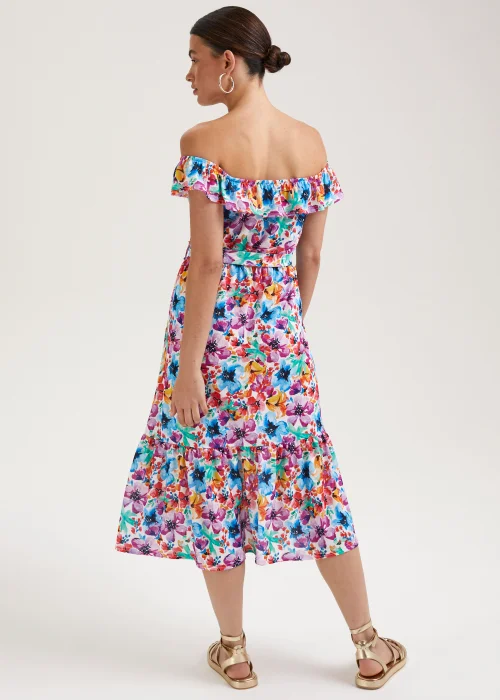 Multicoloured Floral Print Belted Bardot Dress - 8 Image 2