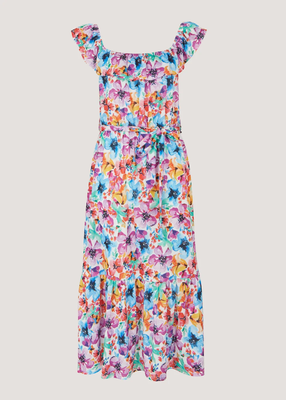 Multicoloured Floral Print Belted Bardot Dress - 8 Image 5