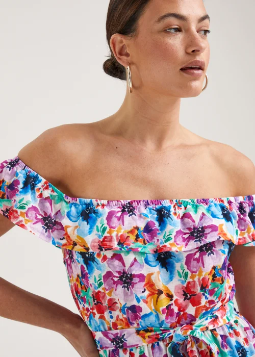 Multicoloured Floral Print Belted Bardot Dress - 8 Image 3