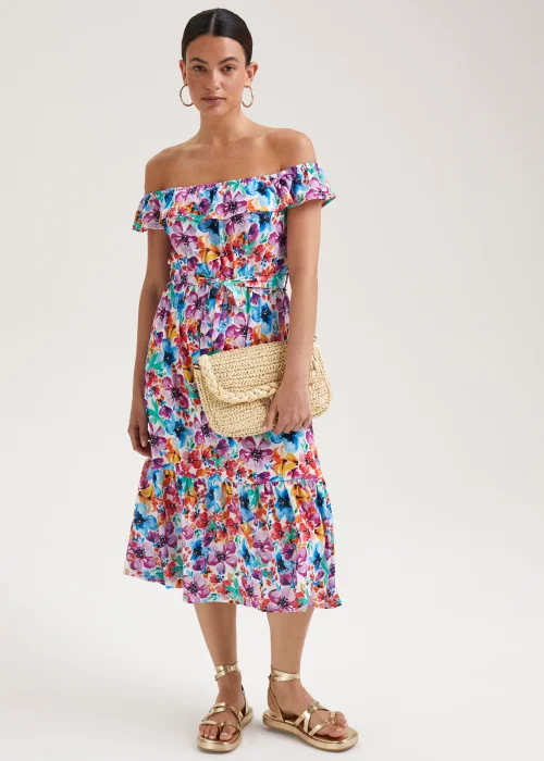 Multicoloured Floral Print Belted Bardot Dress - 8 Image 4