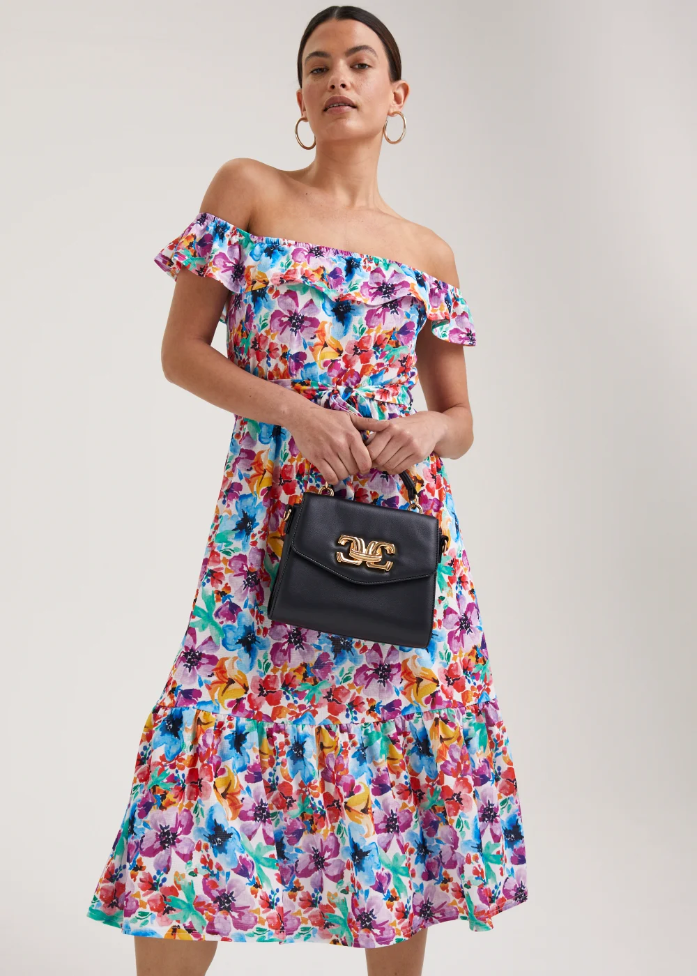 Multicoloured Floral Print Belted Bardot Dress - 8 Image 1