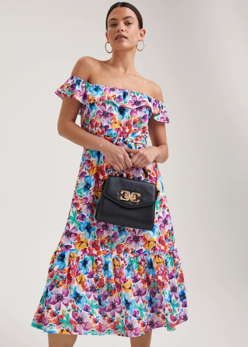 Multicoloured Floral Print Belted Bardot Dress - 8 Image 1