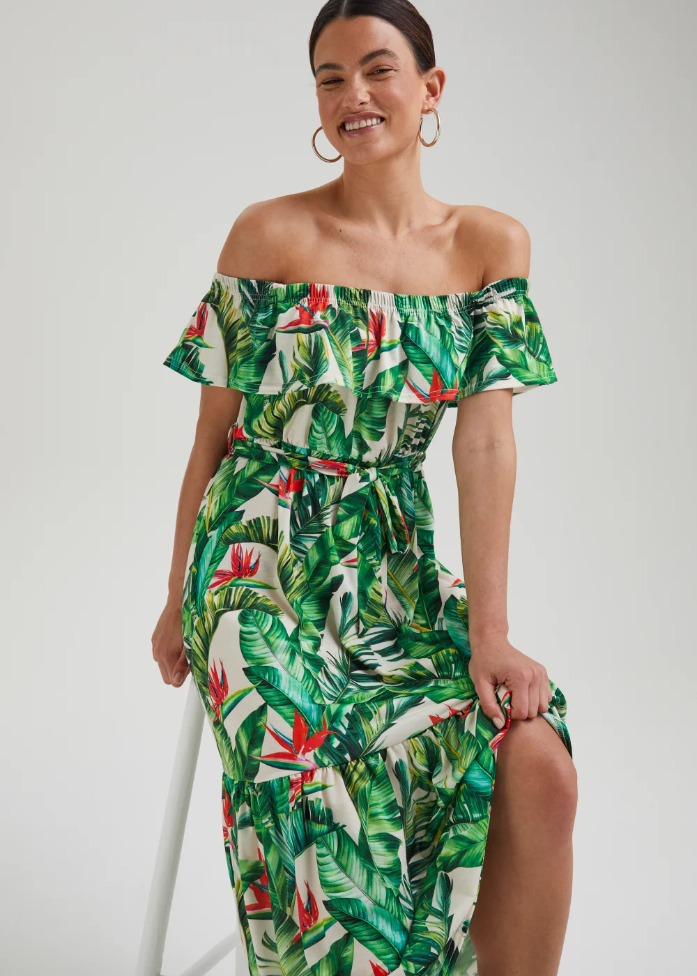 Green Tropical Print Belted Bardot Dress - 8 Image 4