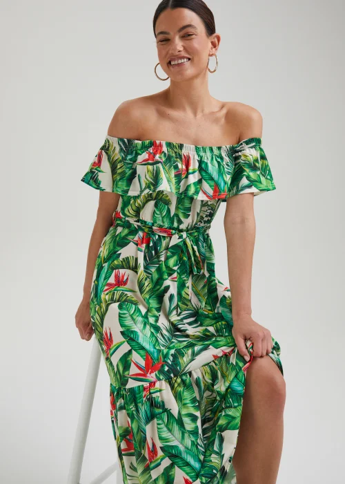 Green Tropical Print Belted Bardot Dress - 8 Image 4