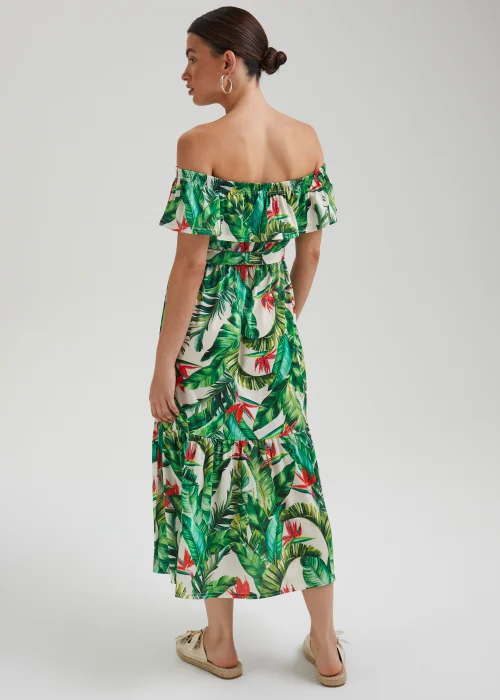 Green Tropical Print Belted Bardot Dress - 8 Image 2