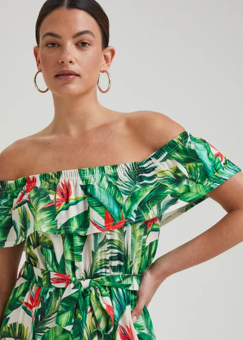 Green Tropical Print Belted Bardot Dress - 8 Image 3