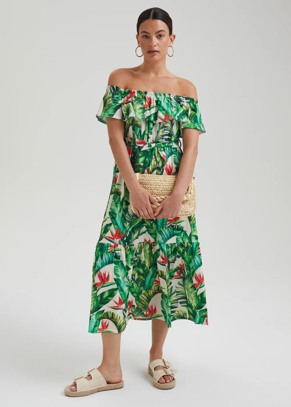 Green Tropical Print Belted Bardot Dress - 8 Image 1