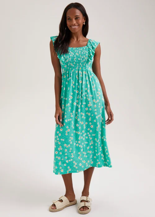 Mint Daisy Print Shirred Midi Dress - Size 8 Image 1