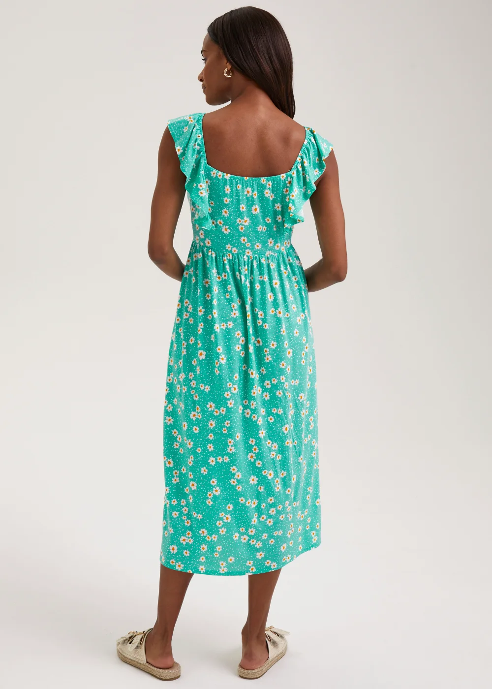 Mint Daisy Print Shirred Midi Dress - Size 8 Image 2