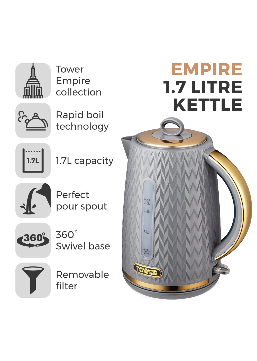 Tower Empire 3KW 1.7L Kettle Grey with Brass Accents - No Size Image 2